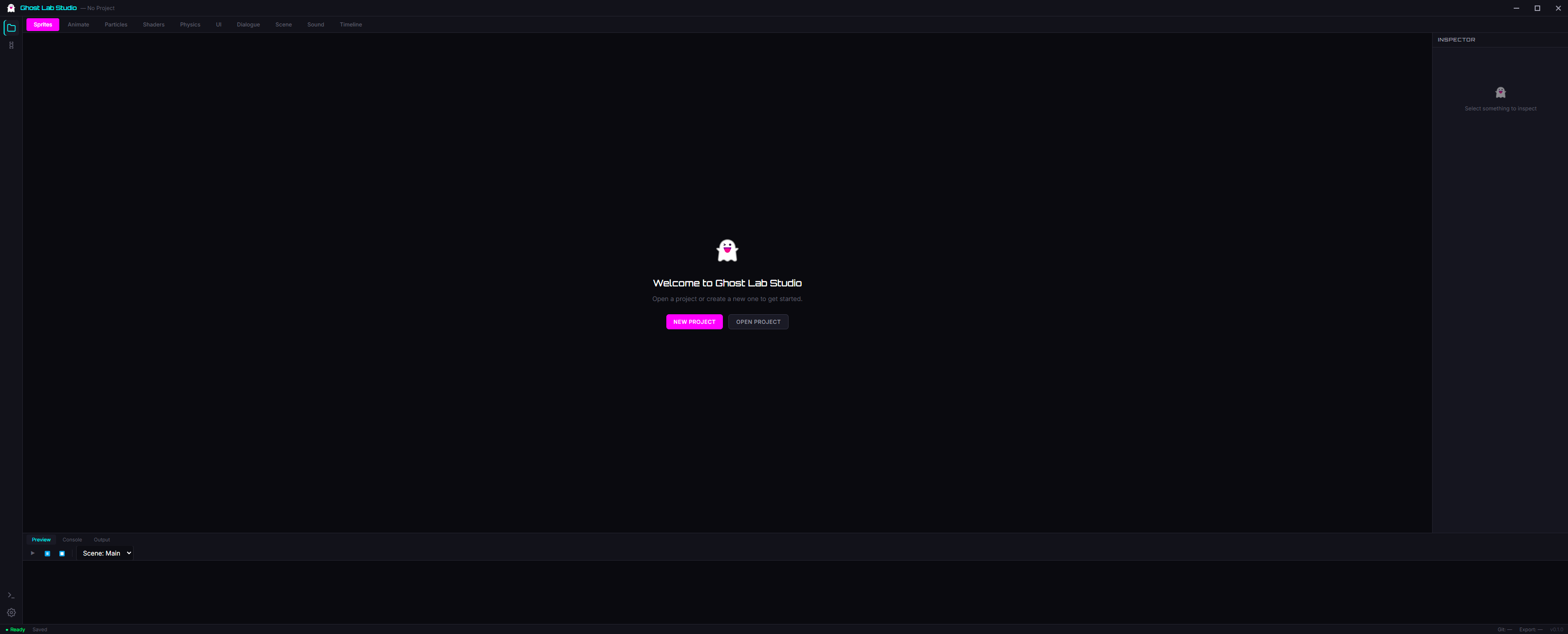 Ghost Lab Studio welcome screen